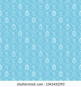 Seamless pattern with flowers, rabbit, and easter eggs on color background. Easter holiday background for logo, banner, post. Happy Easter day background
