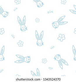 Seamless pattern with flowers, rabbit, and easter eggs on color background. Easter holiday background for logo, banner, post. Happy Easter day background
