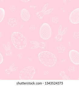Seamless pattern with flowers, rabbit, and easter eggs on color background. Easter holiday background for logo, banner, post. Happy Easter day background
