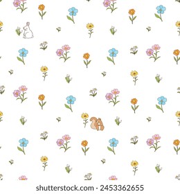 Seamless Pattern with Flowers, Rabbit and Squirrel Design on White Background