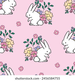 Seamless pattern of flowers and Rabbits background. Cute little bunny and flowers background. Hand Drawn vector illustration textile design.