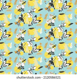 Seamless pattern with flowers and rabbits on the blue background