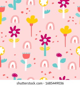 Seamless pattern with flowers and rainbow. Childish summer print. Vector hand drawn illustration.