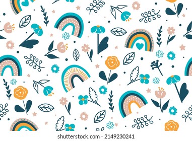 Seamless pattern with flowers and rainbows. Minimalistic repeating image for printing on gift wrap. Picture for printing on kids clothing. Nature, plants and flora. Cartoon flat vector illustration