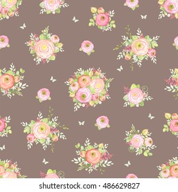 Seamless pattern with flowers Ranunculus, leaves and branches. Vector floral design in vintage style.