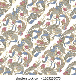Seamless pattern with flowers and raspberries In art nouveau style, vintage, old, retro style. Colorful stock vector illustration. Isolated on white background.