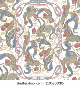 Seamless pattern with flowers and raspberries In art nouveau style, vintage, old, retro style. Colorful stock vector illustration. Isolated on white background.