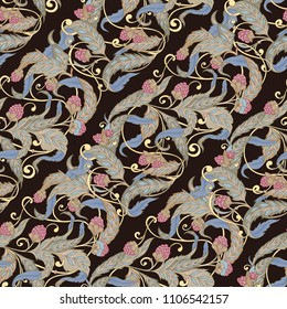Seamless pattern with flowers and raspberries In art nouveau style, vintage, old, retro style. Colorful stock vector illustration. On black, dark brown background