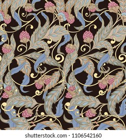 Seamless pattern with flowers and raspberries In art nouveau style, vintage, old, retro style. Colorful stock vector illustration. On black, dark brown background