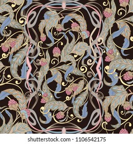 Seamless pattern with flowers and raspberries In art nouveau style, vintage, old, retro style. Colorful stock vector illustration. On black, dark brown background