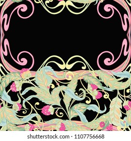 Seamless pattern with flowers and raspberries In art nouveau style, vintage, old, retro style. Colorful stock vector illustration. On black, dark brown background