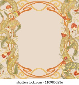 Seamless pattern with flowers and raspberries In art nouveau style, vintage, old, retro style. Colorful stock vector illustration. On beige background