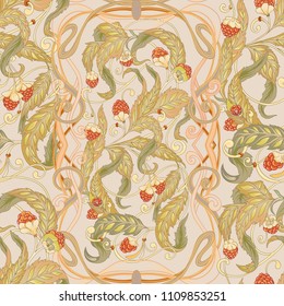 Seamless pattern with flowers and raspberries In art nouveau style, vintage, old, retro style. Colorful stock vector illustration. On beige background