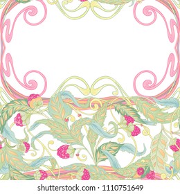 Seamless pattern with flowers and raspberries In art nouveau style, vintage, old, retro style. Colorful stock vector illustration. 