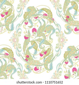 Seamless pattern with flowers and raspberries In art nouveau style, vintage, old, retro style. Colorful stock vector illustration. 