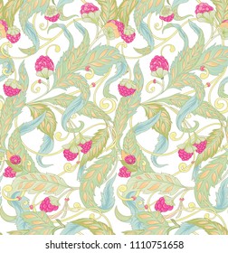 Seamless pattern with flowers and raspberries In art nouveau style, vintage, old, retro style. Colorful stock vector illustration. 
