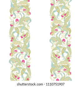 Seamless pattern with flowers and raspberries In art nouveau style, vintage, old, retro style. Colorful stock vector illustration. 