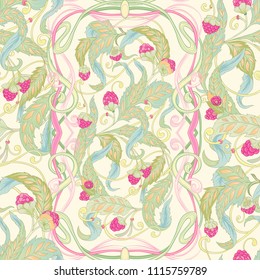 Seamless pattern with flowers and raspberries In art nouveau style, vintage, old, retro style. Colorful stock vector illustration. On soft yellow background.