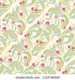 Seamless pattern with flowers and raspberries In art nouveau style, vintage, old, retro style. Colorful stock vector illustration. On soft yellow background.
