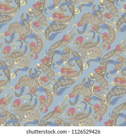 Seamless pattern with flowers and raspberries In art nouveau style, vintage, old, retro style. Colorful stock vector illustration. On blue background