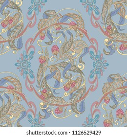 Seamless pattern with flowers and raspberries In art nouveau style, vintage, old, retro style. Colorful stock vector illustration. On blue background