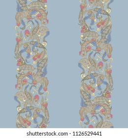 Seamless pattern with flowers and raspberries In art nouveau style, vintage, old, retro style. Colorful stock vector illustration. On blue background
