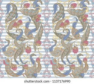 Seamless pattern with flowers and raspberries In art nouveau style, vintage, old, retro style. Colorful stock vector illustration. On blue and white  stripes background.