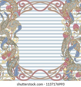 Seamless pattern with flowers and raspberries In art nouveau style, vintage, old, retro style. Colorful stock vector illustration. On blue and white  stripes background.