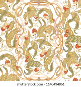 Seamless pattern with flowers and raspberries In art nouveau style, vintage, old, retro style. Colorful stock vector illustration. 