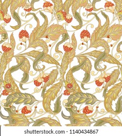 Seamless pattern with flowers and raspberries In art nouveau style, vintage, old, retro style. Colorful stock vector illustration. 