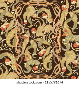 Seamless pattern with flowers and raspberries In art nouveau style, vintage, old, retro style. Colorful stock vector illustration. On black, dark brown background