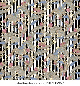 Seamless pattern with flowers and raspberries In art nouveau style, vintage, old, retro style. Colorful stock vector illustration. On black-and-white stripes background