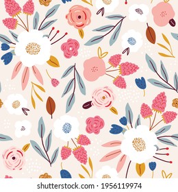 Seamless pattern with flowers, raspberries and leaves. Creative hight detailed floral texture. Great for fabric, textile Vector Illustration