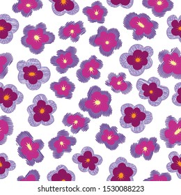 Seamless pattern with flowers. Raspberry, burgundy and violet pansies on a white background. Can be used for fabrics, curtains, upholstery and wallpaper. Vector illustration.