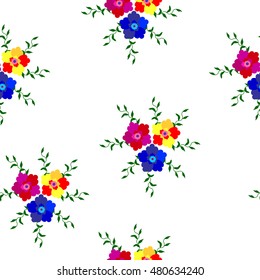 Seamless pattern of flowers in red, blue and yellow with green leaves on a white background