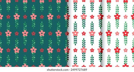 Seamless pattern with flowers. Red green backgrounds. Christmas floral prints. Set festive wrapping papers. Collection geometric backdrops. New year textures. Vector illustration