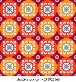 Seamless pattern with flowers in red and orange circles. Seamless color pattern of blue flowers in red and orange circles on a Burgundy background. Natural motif, modern design. 