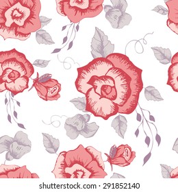 Seamless pattern with flowers , with red and pink roses . floral pattern . vector on white background
