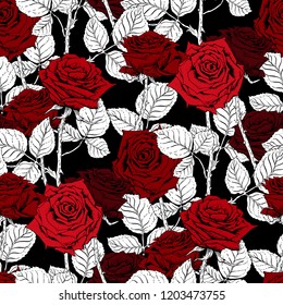 Seamless pattern with  flowers red roses. Vector illustration. Tattoo style Grunge Rock And Roll Fashion. Textile fabric design.