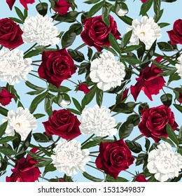 Seamless pattern with flowers, red roses and white peony on a blue background.