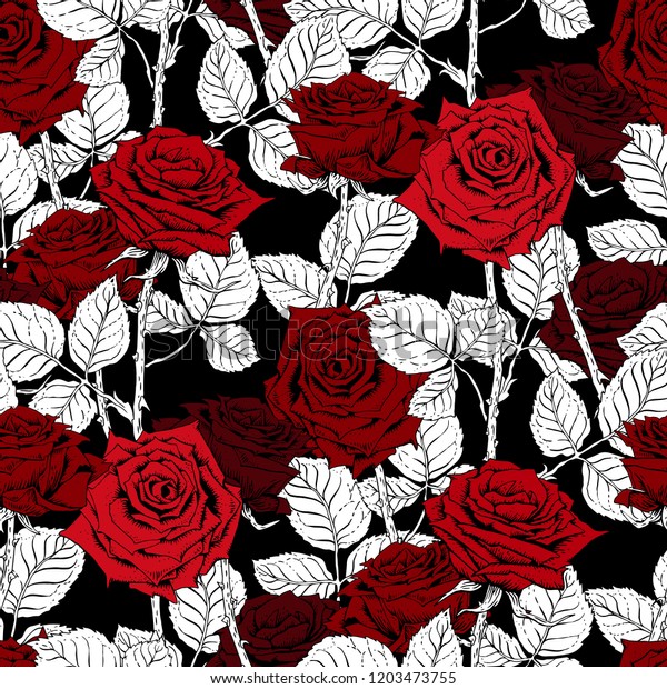 Seamless Pattern Flowers Red Roses Vector Stock Vector Royalty Free 1203473755