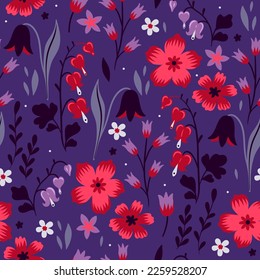 Patrón sin foco con flores de colores rojo-violeta. Gráficos vectoriales.
