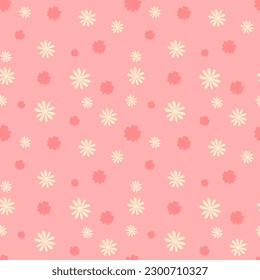 Patrón sin foco con flores. Elemento de diseño repetitivo para el embalaje de papel. Plantas blancas y rojas coloridas sobre fondo rosa. Plantilla, disposición y burla. Dibujo vectorial plano de dibujos animados