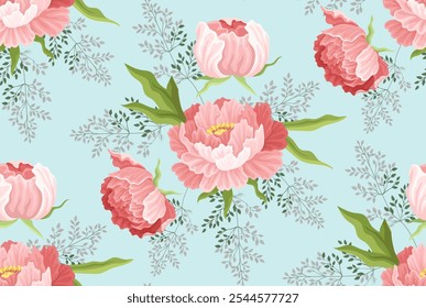 Seamless pattern with flowers. Repeating design element for printing on fabric. Watercolor drawing of pink rose. Bloom and blossom flower. Wallpaper and background. Flat vector illustration