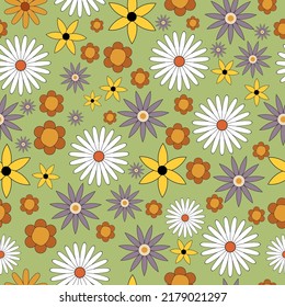 Seamless pattern with flowers. Retro pattern in 70s style. Vector.