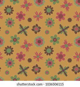 Seamless pattern with flowers in retro style, vector. Good for textiles, wallpaper, garden illustration, and more