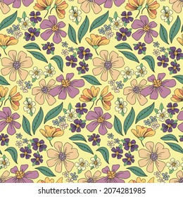 Seamless pattern with flowers in retro style. Floral pattern with a meadow of daisies, small flowers and leaves. Cute spring floral background. Vector.