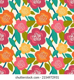 Seamless pattern with flowers in retro style. Vector floral background in cute color palette.