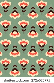 Seamless pattern with flowers in retro style on green background. Vintage ornament. Repeated pattern with floral elements. 70`s. Decorations for wrapping paper, textile, fabric, backdrops. Vector illustration. 
