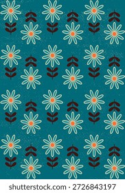 Patrón sin fisuras con flores en estilo retro sobre fondo azul oscuro. Adorno de Antiguas. Patrón repetido con Elementos florales. Años 70. Decoraciones para papel de regalo, textil, tela, telones de fondo. Ilustración vectorial. 